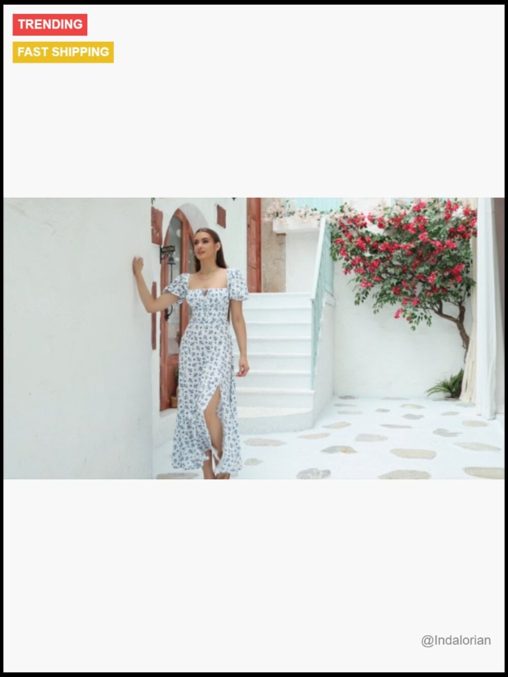 Puff Sleeve Floral Maxi Dress with Lace, Backless, High Slit - Picture 7 of 7